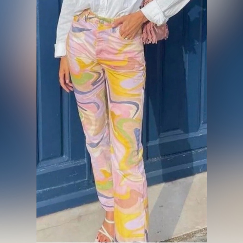 Zara Pastel Swirl Straight-Leg Pants in Pink, Yellow & Green